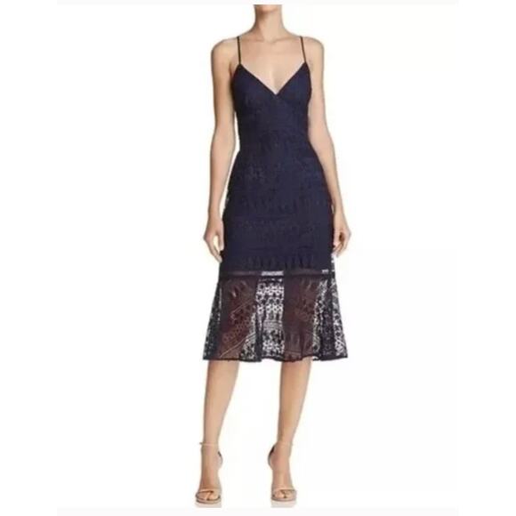 Revolve Likely Darby Navy Blue Lace Sweetheart Mid Flounce Dress Small 4 - Picture 1 of 9